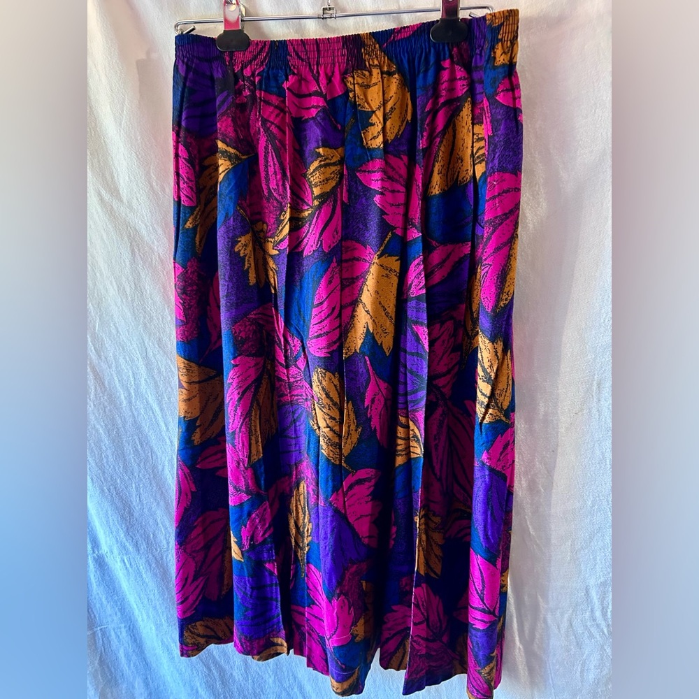 Vintage Alfred Dunner Pink Mustard Yellow Leaf Midi Skirt W 16 Pockets 80s 90s